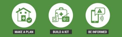 Emergency Preparedness Logo, Make a Plan, build a kit, be informed