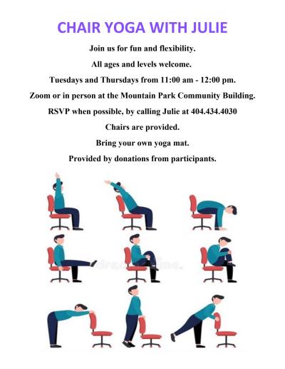 Description of event with pictures of person in chair doing yoga